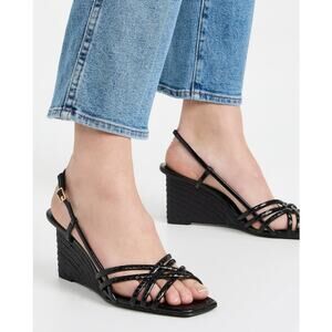 Tory Burch Multi Strap Wedge Sandal Black Snake Embossed Leather 75MM Size 5 NIB